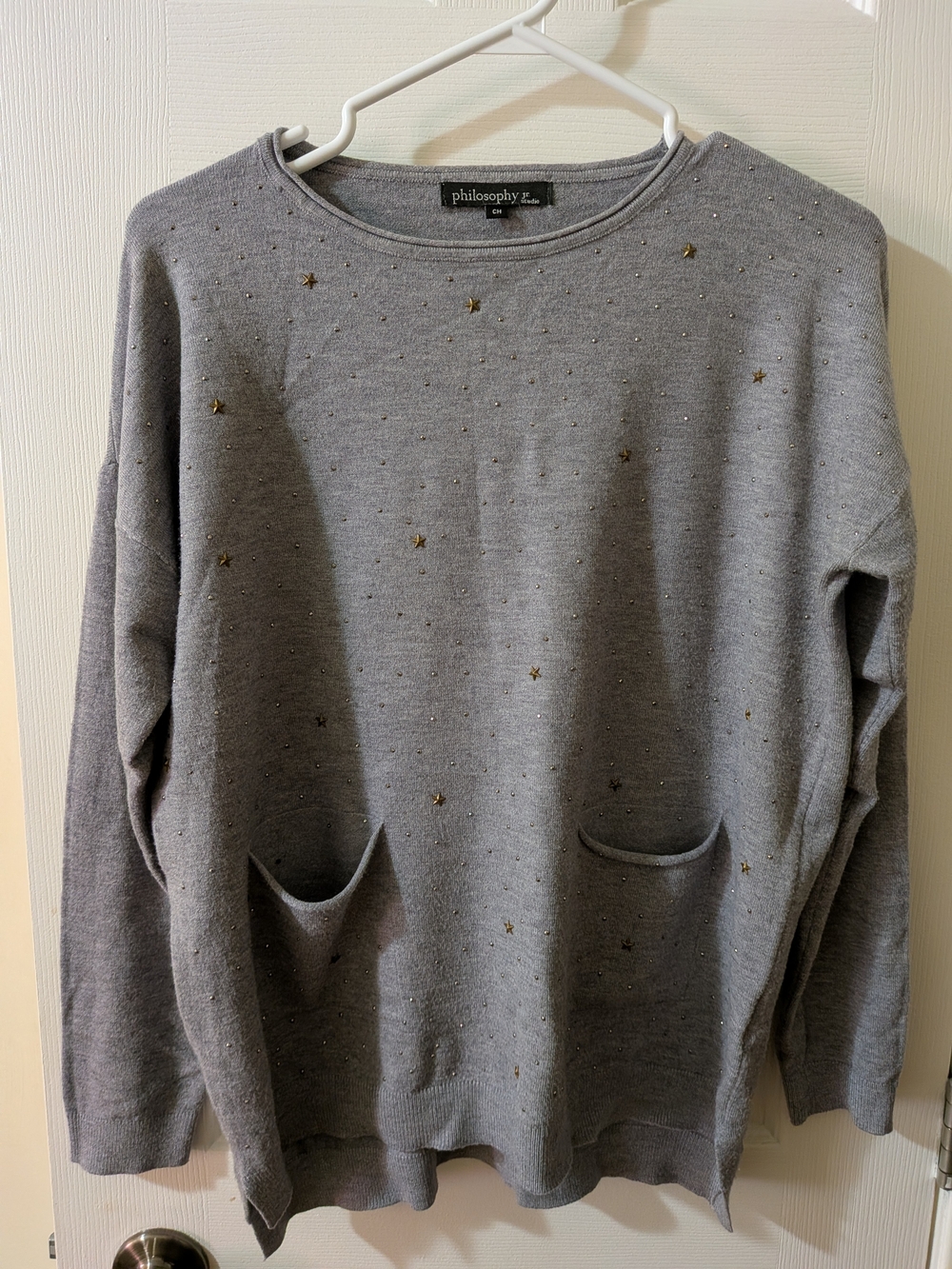 Philosophy Grey Crewneck Sweater with Gold Star Studs